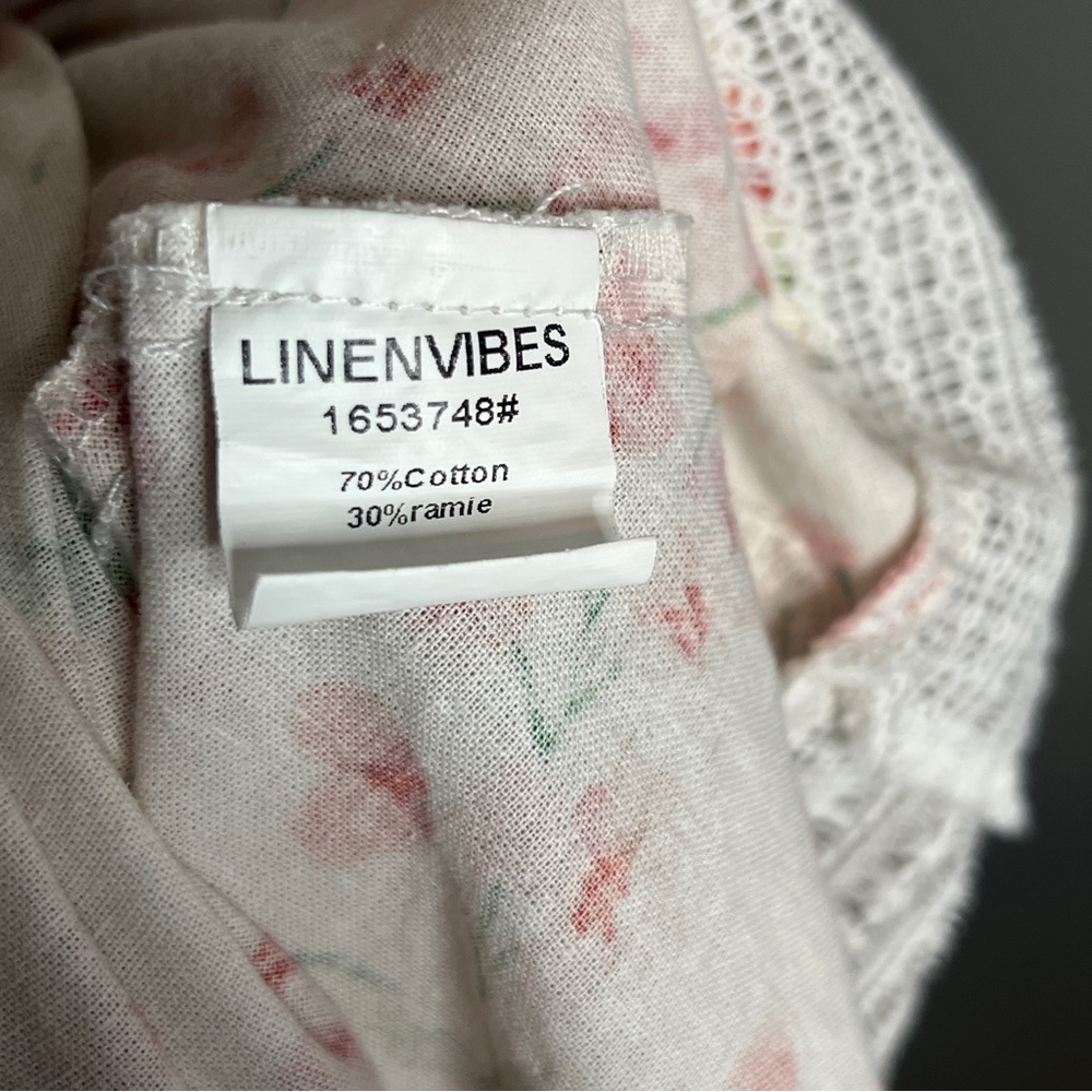 Linen Vibes Floral Tie-Waist Maxi Dress in Cream and Coral Lace Hem Size XS - Picture 12 of 13